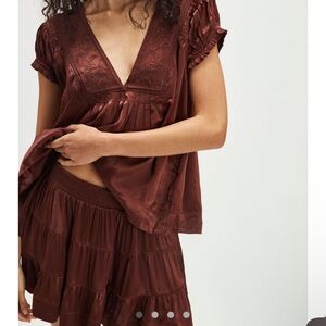 Free People Rivington Mini Skirt Set Brown Embroidered V-Neck Top and Skirt Set